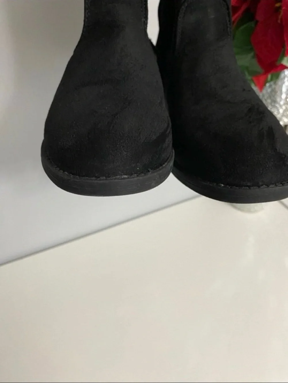 Black Over-the-Knee Suede Boots with Gold Buckle Detail
